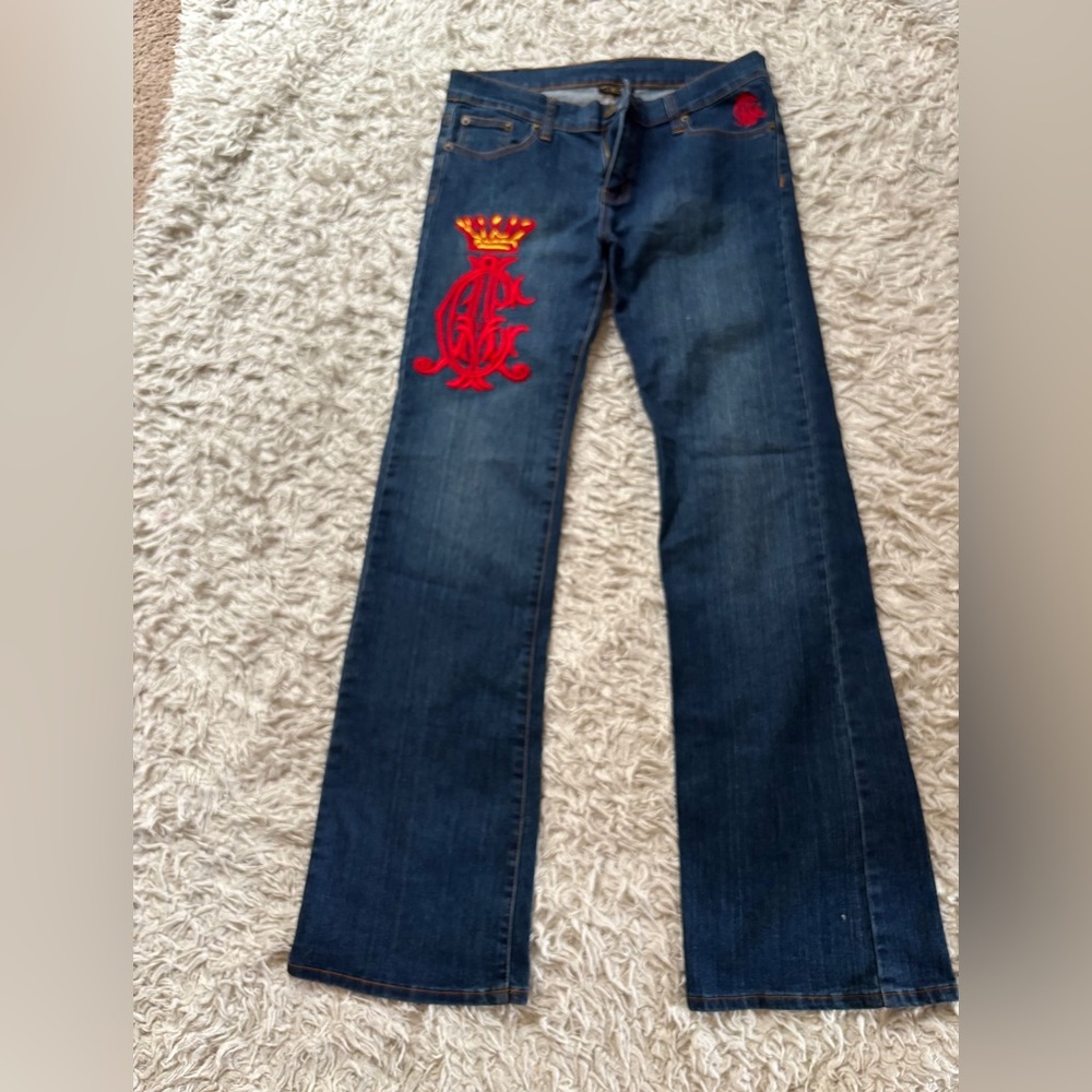 Christian Audigier Straight Leg Jeans with Red Crown Embroidery